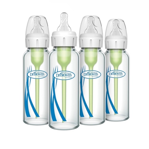 Dr. Brown's Anti-Colic Options+ Narrow Glass Baby Bottle with Level 1 Slow Flow Nipple, BPA-Free, 8 oz/250 mL, 4-Pack