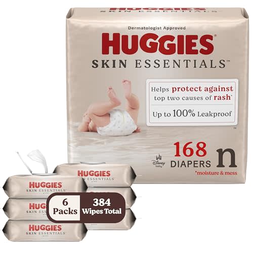 Bundle of Huggies Size Newborn Diapers, Skin Essentials Baby Diapers, Size Newborn (6-9 lbs), 168 Count + Huggies Skin Essentials Baby Wipes, 99% Water, 6 Flip Top Packs (336 Wipes Total)