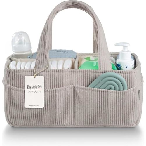 PUTSKA Baby Diaper Caddy Organizer for Changing Table – Stylish Nursery Storage Basket, Newborn Essentials, Baby Shower Gifts and Registry Must-Haves for Boy or Girl, Car Diaper Caddy, Corduroy Grey