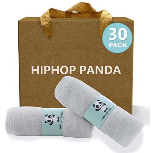 HIPHOP PANDA Baby Washcloths, Rayon Made from Bamboo - 2 Layer Ultra Soft Absorbent Newborn Bath Face Towel - Reusable Baby Wipes for Delicate Skin - Grey, 30 Pack - 30 Pack - Gift Box Set