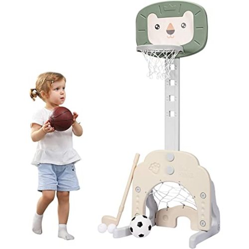 Costzon Kids Basketball Hoop, Toddler Sports Activity Center w/ 5 Adjustable Height Levels, Basketball Soccer Golf Game Set, Indoor Outdoor Basketball Hoop Set Best Gift for Baby Infant Green Lion
