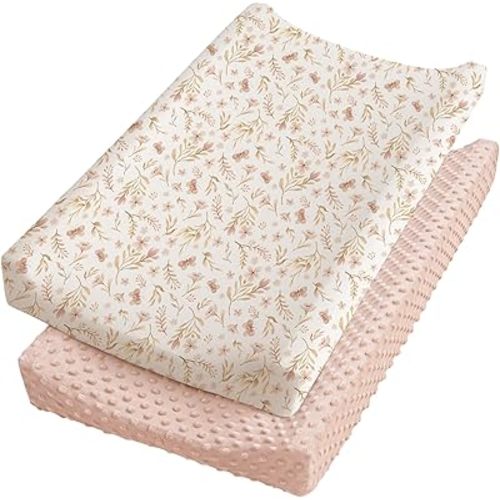 Konssy Minky Changing Pad Cover 2 Pack, Soft Minky Dots Plush Diaper Changing Table Cover Set, Breathable Changing Pad Sheets for Baby Girls Boys (Pink Spring, Blush)
