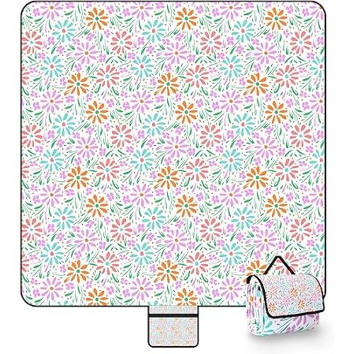 79" x 79" Extra Large Picnic Blankets, Waterproof Sandproof Beach Blanket Foldable & Portable, 3-Layer Fabric Outdoor Picnic Mat for Beach, Camping, Park & Family Gatherings-Floral Pattern