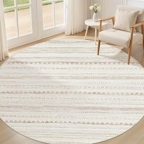 Round Rug Boho Area Rugs: 6x6 Washable Large Circle Neutral Soft Stain Resistant Non-Slip Carpet for Women Aged 25-45 Farmhouse Home Decor Enthusiasts - Living Room Bedroom Dining Room Nursery