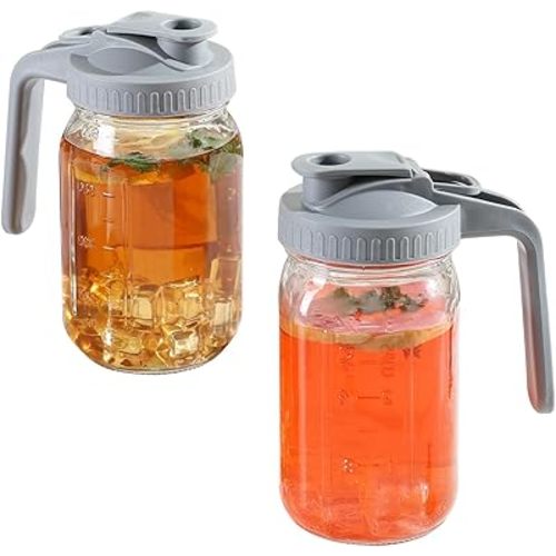 Glass Mason Jar Pitcher with Pour Spout Handle Lid, Breast Milk Pitcher Jug for Ice Tea, Cold Brew Coffee, Fridge Water, Juices, Leak Proof Storage Container (32oz 2Pack)