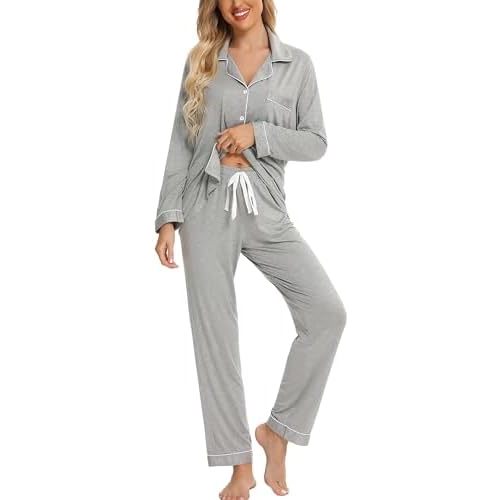 Leikar Button Down Pajamas for Women Soft Viscose Sleepwear Long Sleeve Pjs Set Maternity Nursing Postpartum Loungewear