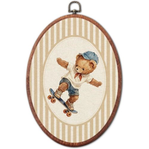 Vintage Skateboard Teddy Bear Nursery Oval Wall Art Framed, Skater Striped Canvas Prints, Classic Bear Retro Boy or Girl Gift Hanging Wall Decor for Kids Toddler Room Bedroom Playroom, 8.6x11.4 Inch