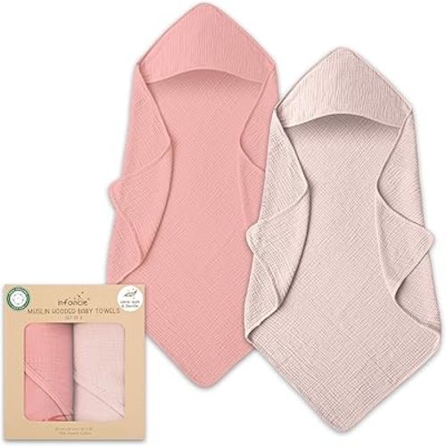 Organic Cotton Muslin Baby Hooded Towels - 32x32 Inch, 2 Pack Newborn Bath Towels for Boys & Girls, Soft & Absorbent Bath Set (Rose/Peach)