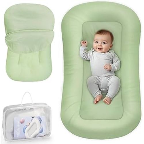 Baby Lounger - Baby Lounger for Newborn, 0-24 Months, Infant Lounger for Home and Travel, Soft Cotton, Baby Nest Lounger, Newborn Babies Essentials Gifts, Green (Lounger Cover Included)