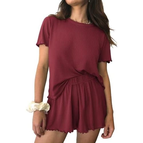 Ekouaer Womens Pajamas 2 Piece Ribbed Knit Pjs Short Sleeve Sleepwear Set Summer Soft Pajamas Set Casual Lounge Sets