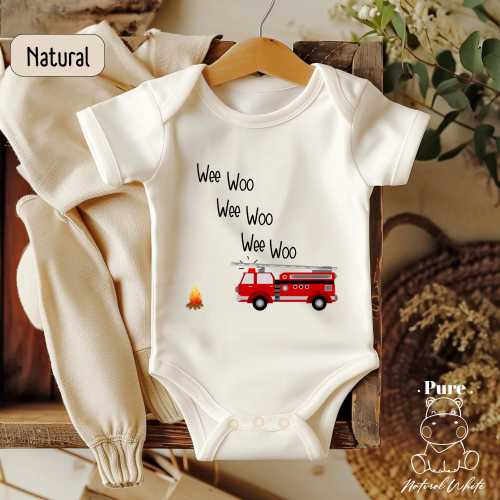 0-6 Month Natural Color Fire Truck Baby Bodysuit: Wee Woo Birthday Gift Shirt