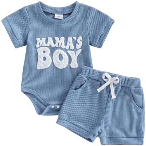 Amiblvowa Newborn 0 3 6 9 12 Months Baby Boy Summer Clothes Letter Print Romper Short Sets Waffle Knit 2 Piece Infant Outfits