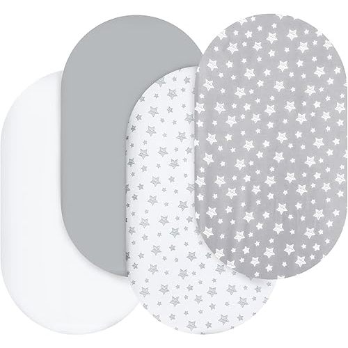 Bassinet Sheets Set 4 Pack for Baby Boy or Girl, Universal Fit for Oval, Hourglass and Rectangular Mattress, Grey