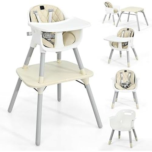 HONEY JOY 5-in-1 High Chair, Convertible Highchair for Babies and Toddlers/Kids Chair Table Set/Infant Feeding Chair w/Safety Harness, PU Leather Cushion & Removable Food Tray (Beige)