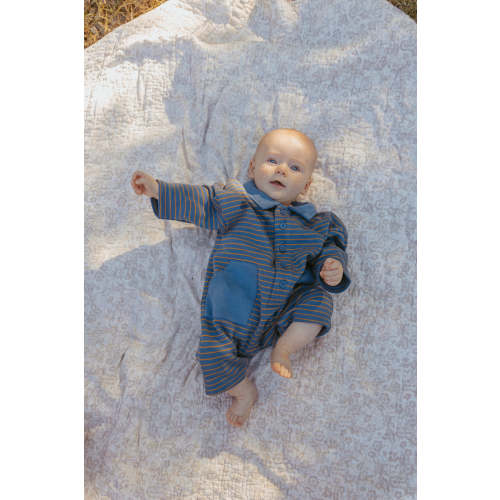 Scottie Romper in Thin Stone Blue Mustard Stripe