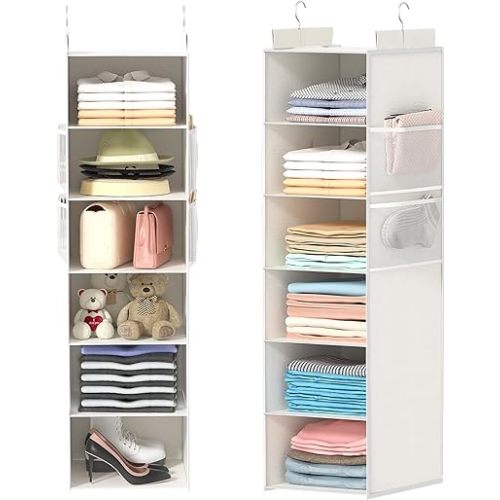 Extra Deep Hanging Closet Organizer with Shelves and Oversized Mesh Pockets, Heavy-Duty Structure, No Deformation, Max Storage for Clothes, Shoes, Hats, Dorms and RVs,1-Pack (White, 6 Tier)