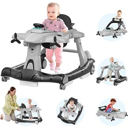 Xilingol 6-in-1 Baby Walker with Wheels, Adjustable Height & Speed Activity Walker with Padded Seat, Foldable Walker for Babies, Toddler Push Walkers for Boy & Girl 6-18 Months, Music & Light