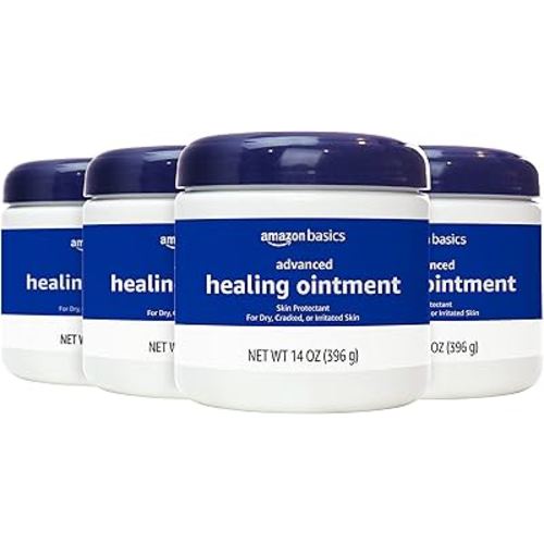 Amazon Basics Healing Ointment & Skin Protectant for Dry & Cracked Skin and Chapped Lips, Fragrance Free, 14 Oz (Pack of 4)