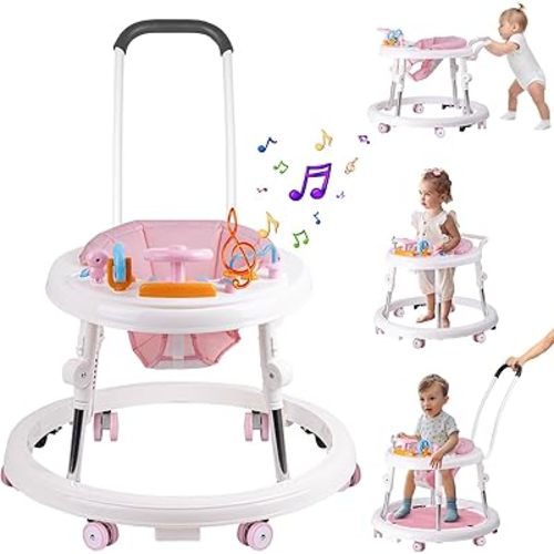 Baby Walker, Activity Center with Feeding Tray & Music, 9-Gear Height Adjustable Foldable Baby Walker for Boys and Girls from 6-18 Months with Push Handle, Footrest, Mute Wheels Anti-Rollover