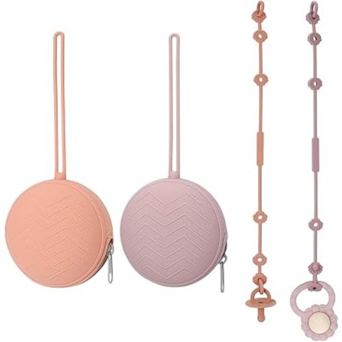 2 Pack Silicone Pacifier Holder Case & Toy Safety Straps for Babies, BPA-Free Silicone Newborn Pacifier Hold, Travel Pacifier Storage Case for Diaper & Strollers (Muted/Dusty Lilac)