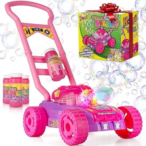 Hoopi Extreme Bubble Lawn Mower for Toddlers 1-3, Spill-Proof Kids Bubble Machine with Lights for 2-Year-Old Girl Birthday Gift, Bubbles Blowing Push Toddler Outdoor Toys for Ages 2-4 with 3 Bottles