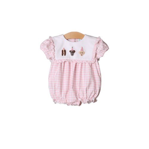 French Knot Birthday Party Pups Pink Gingham Short Sleeve Bubble