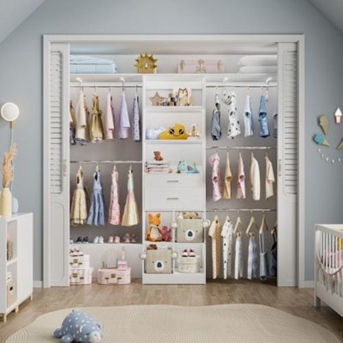 Nursery Closet Organizer System with Wood Drawers and Cubbies, White Wardrobe with 5 Hanging Rods