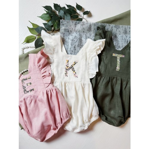 Girls Embroidered Linen Romper Ruffle Sleeves | Newborn Infant Baby Onesie | Floral Letter | Baby Personalized Summer Spring Clothing