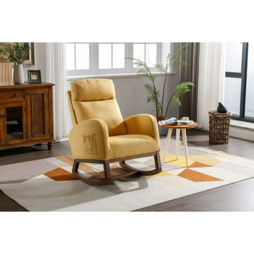 Rocking Chair, Modern Glider Chair, Recliner Armchair with Wood Legs and Side Pocket, Nursery Rocking Accent Chair with High Back for Living Room Bedroom (Yellow linen)