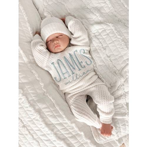Handmade Baby boy Outfit / Oversized Sweater Ivory Waffle / Baby Boy Gift / Newborn coming home outfit / Embroidered Sweater