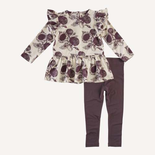 long sleeve flutter drop waist top + legging set | eggplant sunflower | lenzing modal