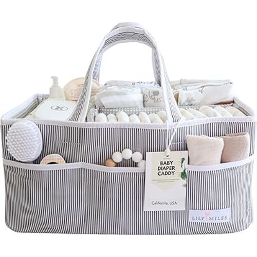 Lily Miles Baby Diaper Caddy Organizer, Baby Shower Basket for Newborn Boys or Girls, Nursery Must Haves for New Mom, Registry Favorites, Large Storage Tote for Changing Table or Car, Gray