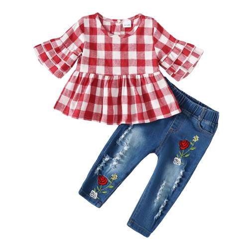 18 Months Baby Girls Clothes 24 Months Girls 2PCS Denim Outfits Set Toddler Girls Short Sleeve Top Denim Pants Set Red