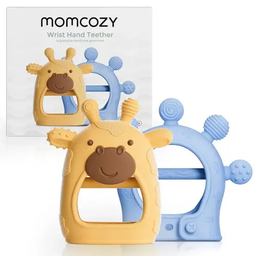 Momcozy Baby Teether Toys | Food Grade Silicone Teething Relief 0-6 Months | Teething Toy 6-12 Months | Baby Essential | Yellow and Blue