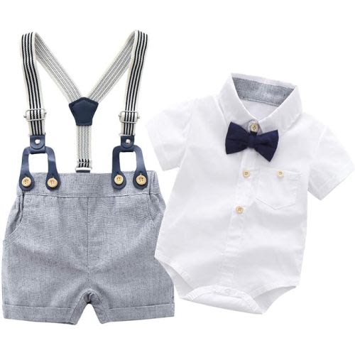 Boarnseorl Baby Boys Gentleman Outfits Shorts Sets,Infant Shirt + Shorts + Bow Tie + Suspenders - 9-12 Months - White