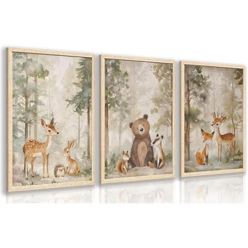 Cyebmo Woodland Animals Wall Art Set of 3, Baby Boy Wild Forest Animals Wall Decor, Deer Bear Fox Canvas Painting, Neutral Aesthetic Pictures for Kids Room Benroom Nursery Wood Framed 16"x24"x3