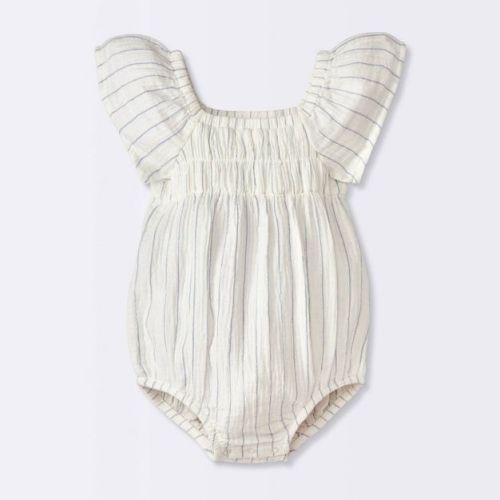 Baby Girls' Striped Puff Sleeve Romper - Cloud Island™ Cream 12M