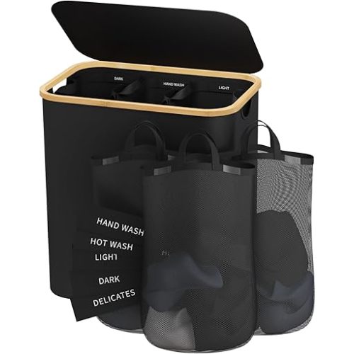 Laundry Hamper with Lid, 160L Dirty Clothes Hamper for Laundry Basket 3 Section, Extra Large Laundry Sorter Hamper 3 Compartment with Removable Inner Bags & Labels, Black