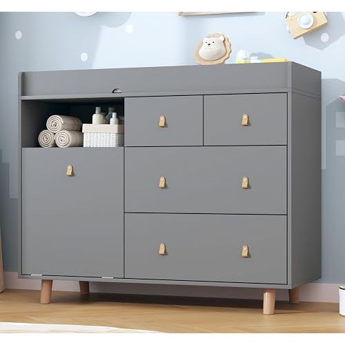 Baby Changing Table Dresser, Modern Nursery Changing Dresser Chest for Infants with 5 Drawers & 1 Shelf, Large Storage Diaper Changing Station for Daycare, Gray