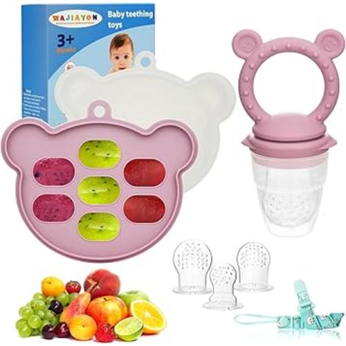 WAJIAYON Baby Breastmilk Popsicle Molds & Baby Fruit Feeder (2 Pack), Infant Food Freezer Tray Storage Containers, Silicone Teething Pacifier Feeder and Teether for Babies - Blush