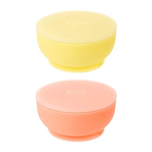 Olababy 100% Silicone Suction Bowl with Lid Bundle for Independent Feeding Baby and Toddler (Lemon + Coral)