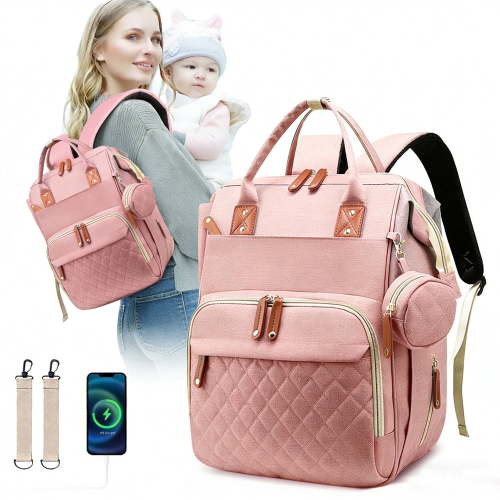Morfone Baby Diaper Bag Backpack, Multifunction Waterproof Baby Bag with USB Charging Port, Stroller Straps & Pacifier Case Unisex, Pink