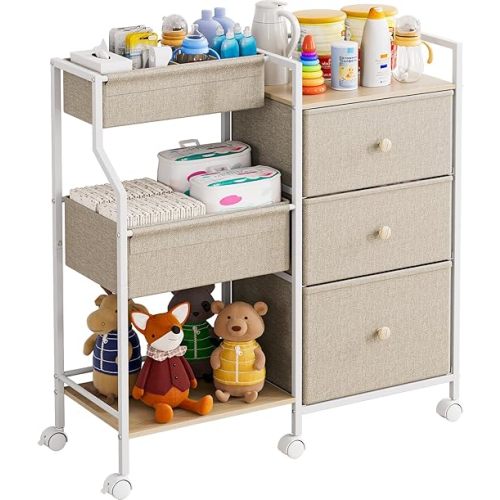 Baby Organizer and Storage - 3 Tier Rolling Cart with Dividers and Drawers, Easy To Assemble, Mobile Utility Cart with Wheels for Nursery, Bedroom, Changing Table & Crib,Off White