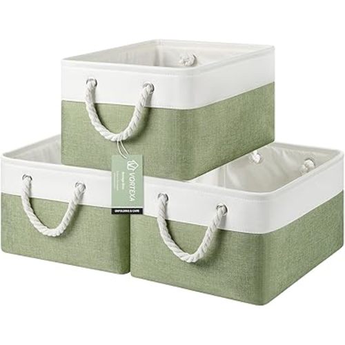 Home Storage Baskets, 3-Pack Fabric Storage Bins, 15.7x11.8x8.2 inch Versatile Storage Box for Shelves with Handles, Large Closet Organizers Toys, Books (White/Green)