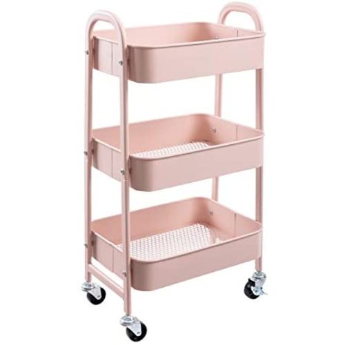 AGTEK Makeup Cart, Movable Rolling Organizer Cart, 3 Tier Metal Utility Cart, Rosiness