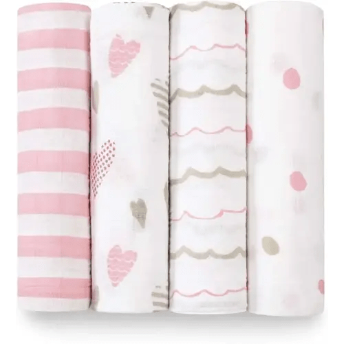 aden + anais Swaddle Blanket, Boutique Muslin Blankets for Girls & Boys, Baby Receiving Swaddles, Ideal Newborn & Infant Swaddling Set, Perfect Shower Gifts, 4 Pack, Heart Breaker