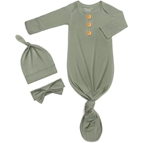 Soft Newborn Knotted Gown with Hairband and Hat, Baby Boy Girl Coming Home Outfit, Sleeper Baby Sleep Gown with Mittens
