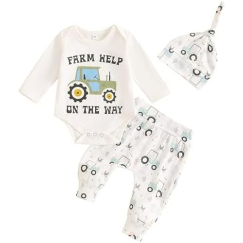 Newborn Baby Boy Tractor Clothes Cotton Funny Letter Bodysuit+Truck Leggings Hat Farm Baby Shower Coming Home Outfit