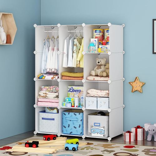 Baby Dresser, Kids Closet Organizers, Portable Kids Wardrobe for Closet, Bedroom, Nursery, Cubby, Cabinet, Clothes, Dress, Baby Storage Shelf, Armoire Clothes Hanging (12 Cube, White)