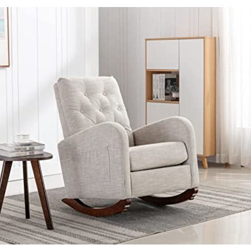 Modern Accent Rocking Chair, Upholstered Nursery Glider Rocker for Baby and Kids, Comfy Armchair with Side Pocket, Living Room Lounge Arm Chair, High Backrest with Decorative Buttons, Light Grey - A Light Grey(button Decoration)